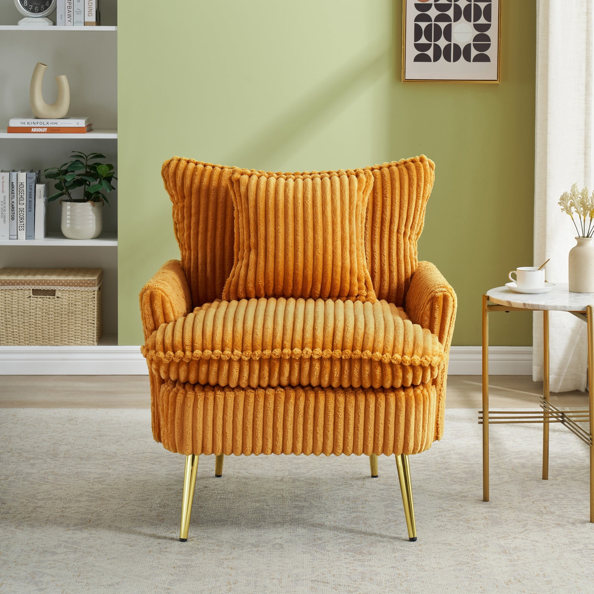 Modern Accent Chair,Armchair,Corduroy Fabric Sofa Chairs with Pillow,Upholstered Armchair for Living Room,Bedroom,Yellow