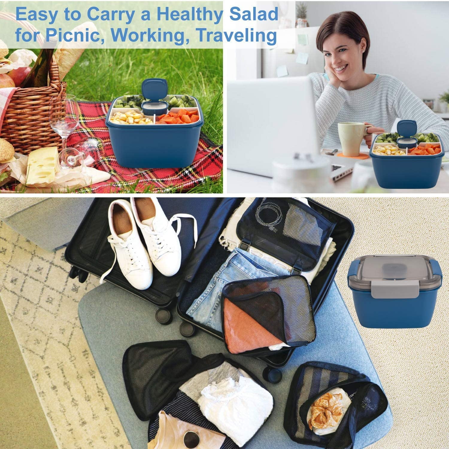 Salad Lunch Containers To Go, Salad Bowls with 3 Compartments, Salad  Tupperware for Salad Toppings, Men, Women