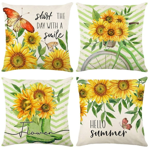 Sweet Summer Daisy Flower Sunflower Decorative Throw Pillow Covers 18 x 18 Hello Sunshine Yellow Truck Floral Cushion Case Decor, Seasonal Home Decoration for Sofa Couch