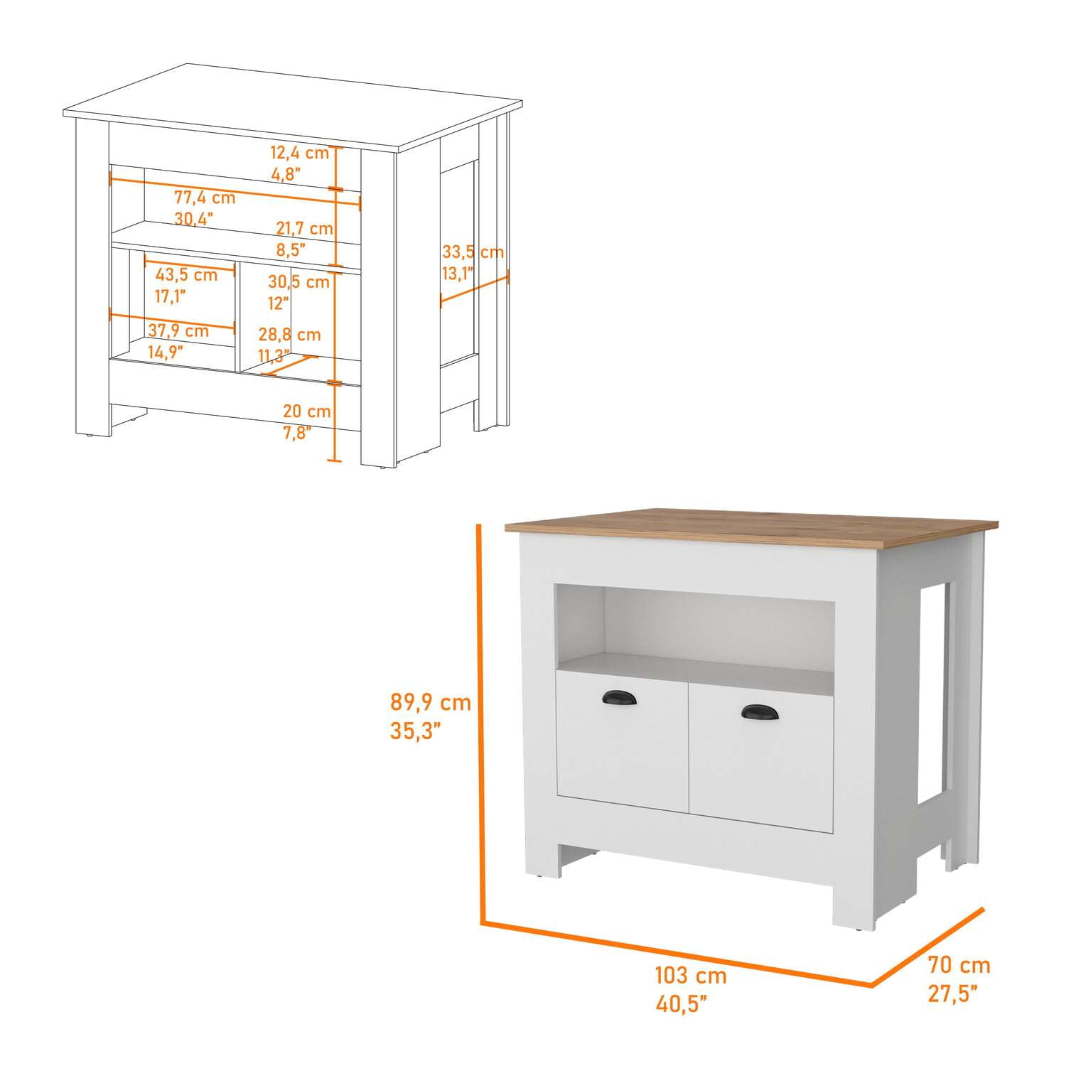 FM FURNITURE Theba Kitchen Island with 2 doors 3 shelves White Engineered Wood