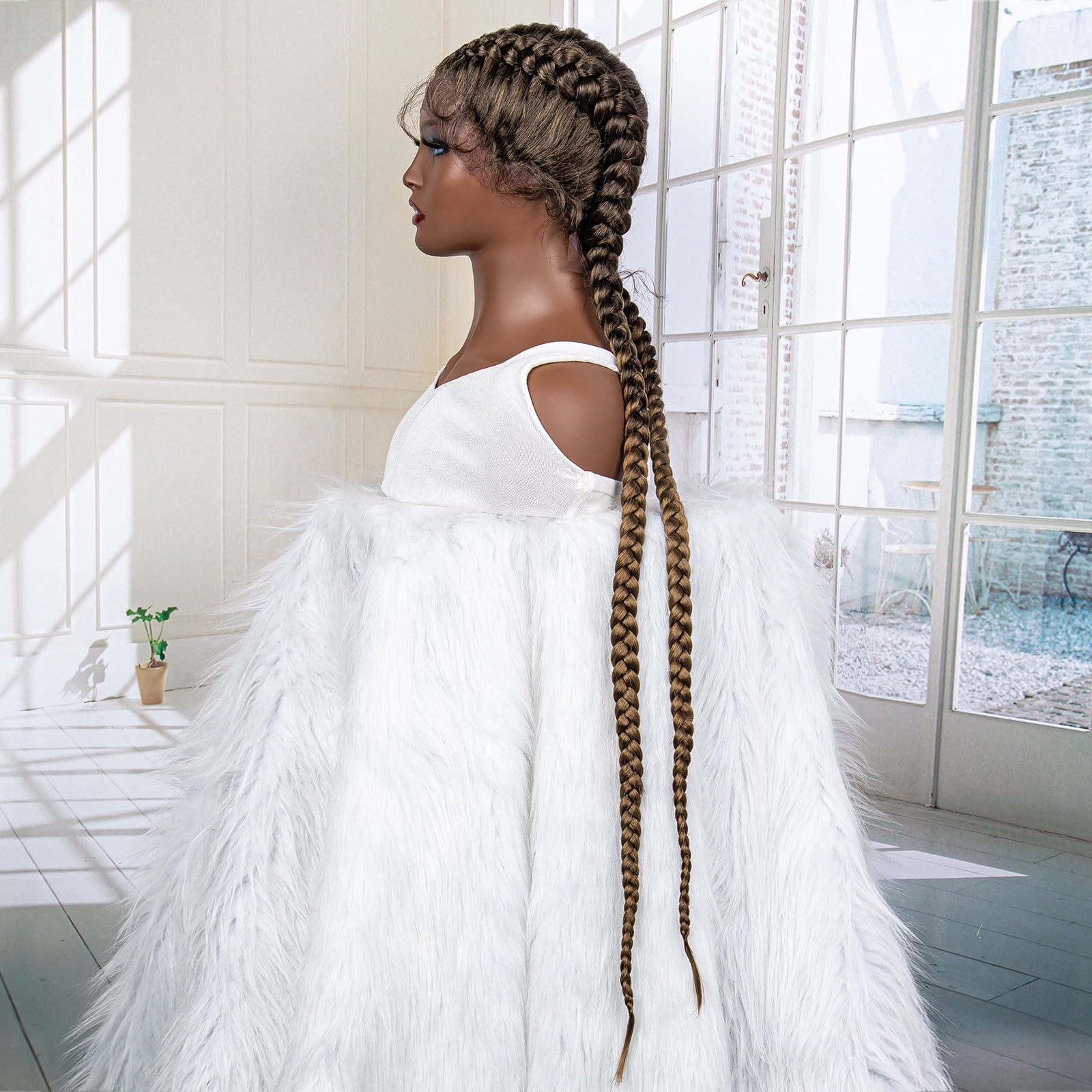 36 Inches Long Lace Front Synthetic Braided Wigs Lace Front Twins Cornrow Braided Wig for Black Women with Baby Hair Middle Part (1B/27 Color)