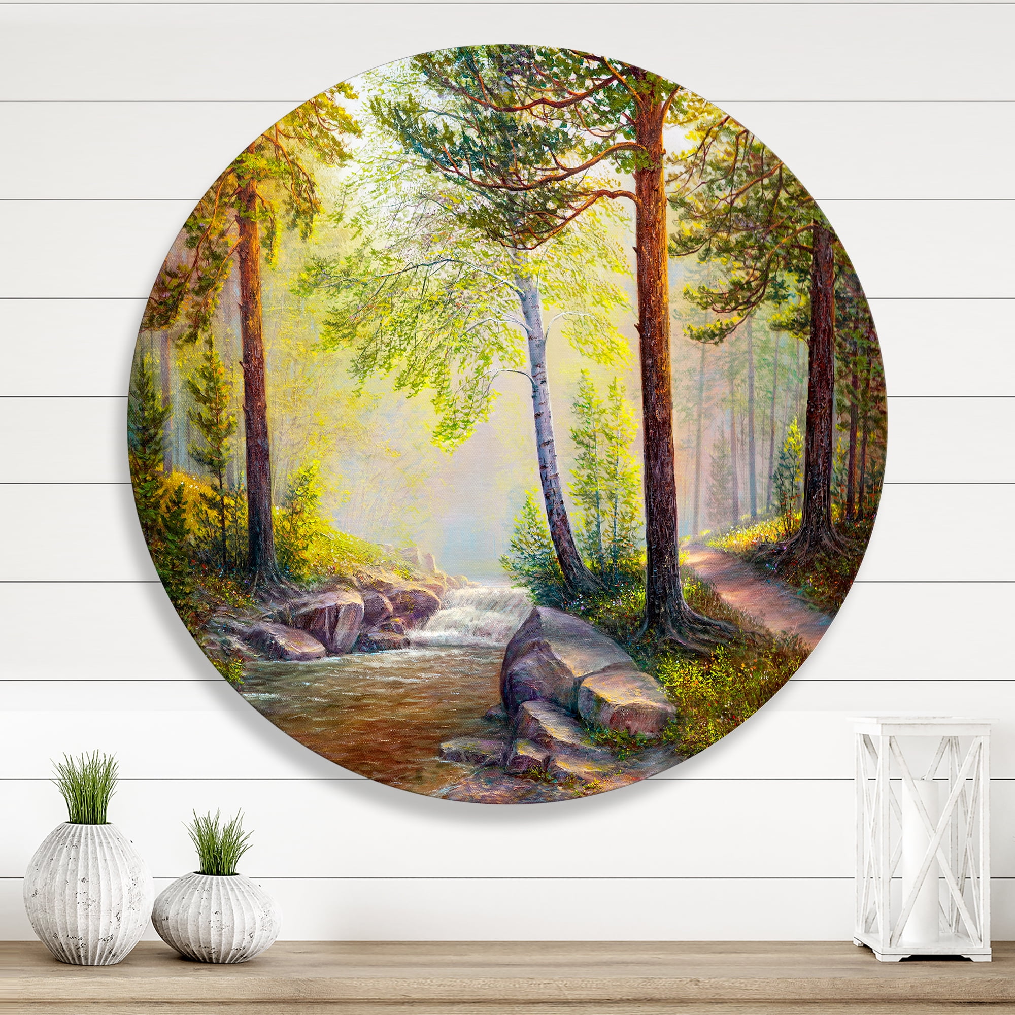 Designart 'Afternoon Light Through The Forest Trees' Traditional Circle Metal Wall Art 11x11 - Disc of 11