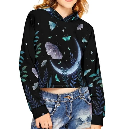 

Renewold 11-12 Years Teen Girls Design Hoodies Moonlight Butterfly Graphic Crop Tops Long Sleeve Pullover Sweatshirts Airy Thin Clothes Outdoor School Streets Outfits