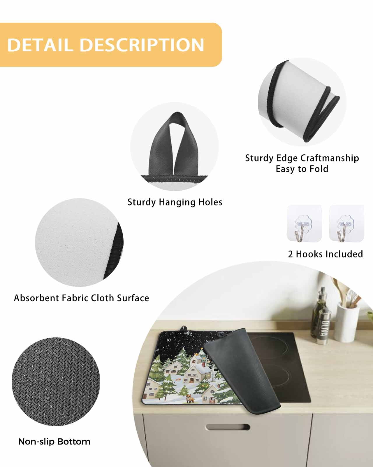 Large Induction Cooktop Protector Mat Christmas Stove Top Covers for Electric Stove, Winter Xmas Trees Snowflakes Country Cabin Black Decorative Stove Burner Cover Mats, Glass Top Stove Cover