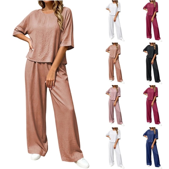 Women's Cotton Solid Color 2 Piece Loungewear Short Sleeve Crew Neck Top and Elastic Waist Wide Leg Pants Soft Casual Outfit for Home Daily Wear