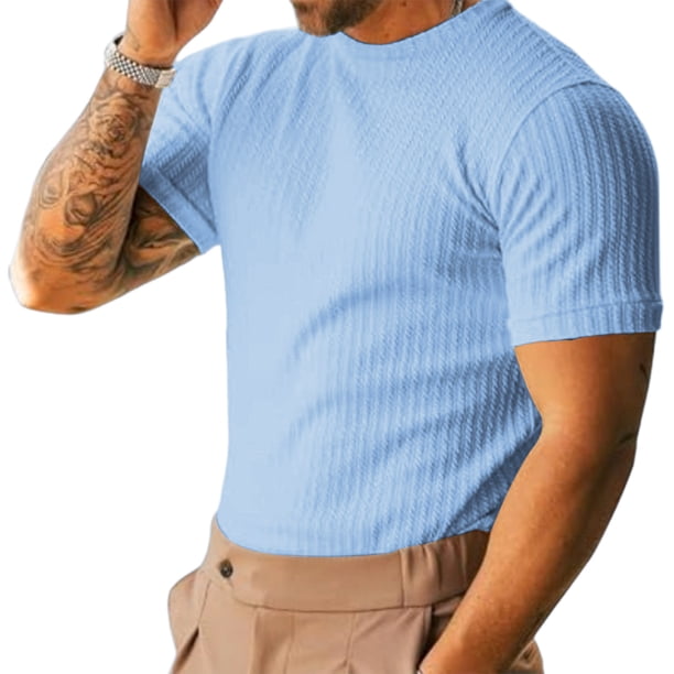 Tops para hombre, blusas y camisas de manga corta con cuello redondo para hombre, camiseta de punto acanalada para hombre, camisa informal de manga corta con cuello redondo y textura ajustada, blusa p