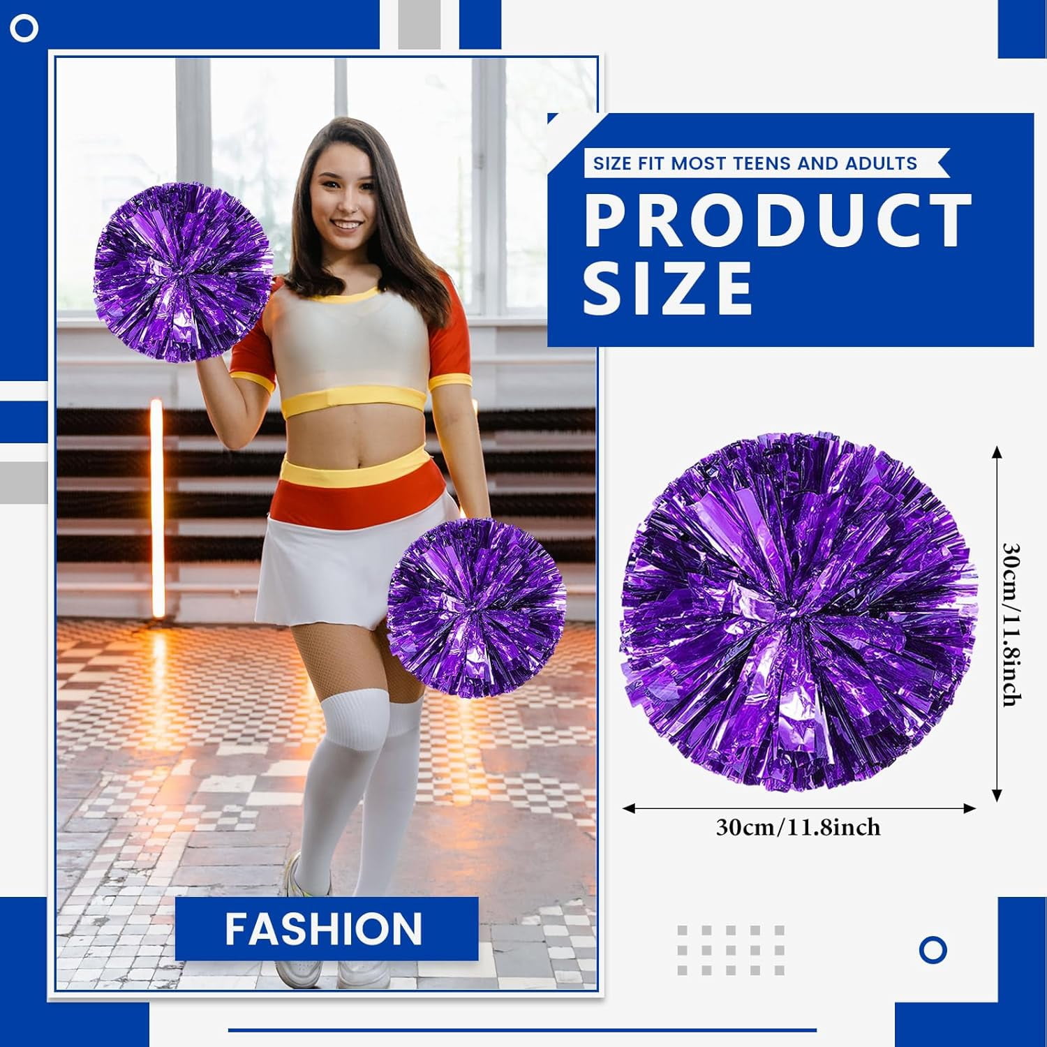 Cheerleader Pom Poms 12 Pack Sports Dance Cheering Plastic Metallic Cheerleading Pom Poms for Kids Adults-Ring Style