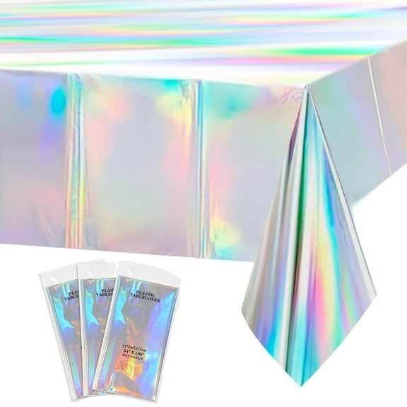 GoXteam 3 Pack Iridescence Plastic Tablecloths Laser Table Covers Holographic Foil For Girl Party Wedding Disco Dance Birthday Holiday Mermaid Party Decorations, 54 x 108 Inch