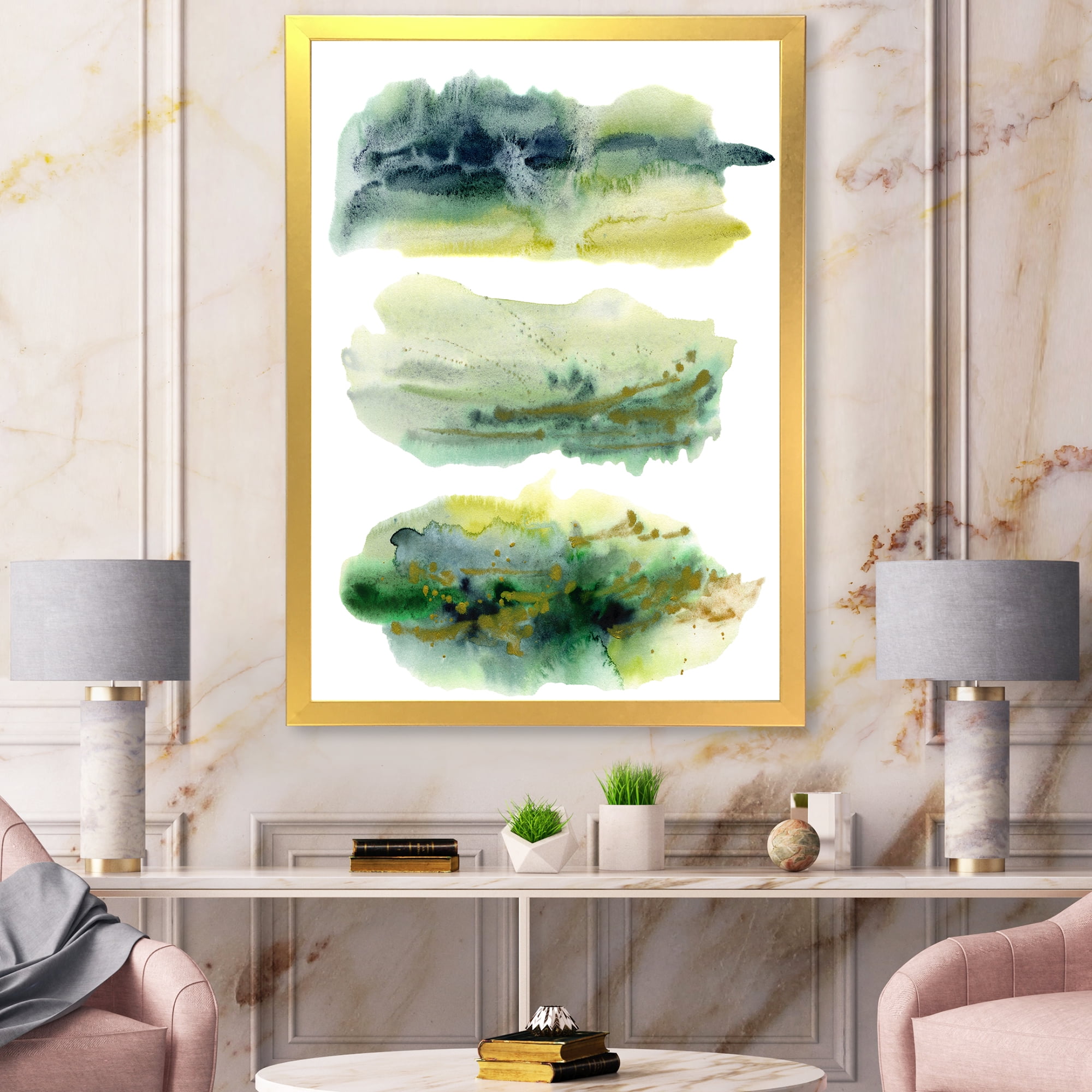 Designart 'Golden Green Abstract Clouds I' Modern Framed Art Print