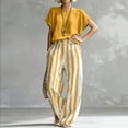 thumbnail image 3 of Textilo Outfits 2 Piece for Women Cotton Linen Striped T-Shirts Pants Outfits Short Sleeve Wide Leg Set Travel Summer Vacation Loose-Fit Walking Wear,Yellow S, 3 of 5