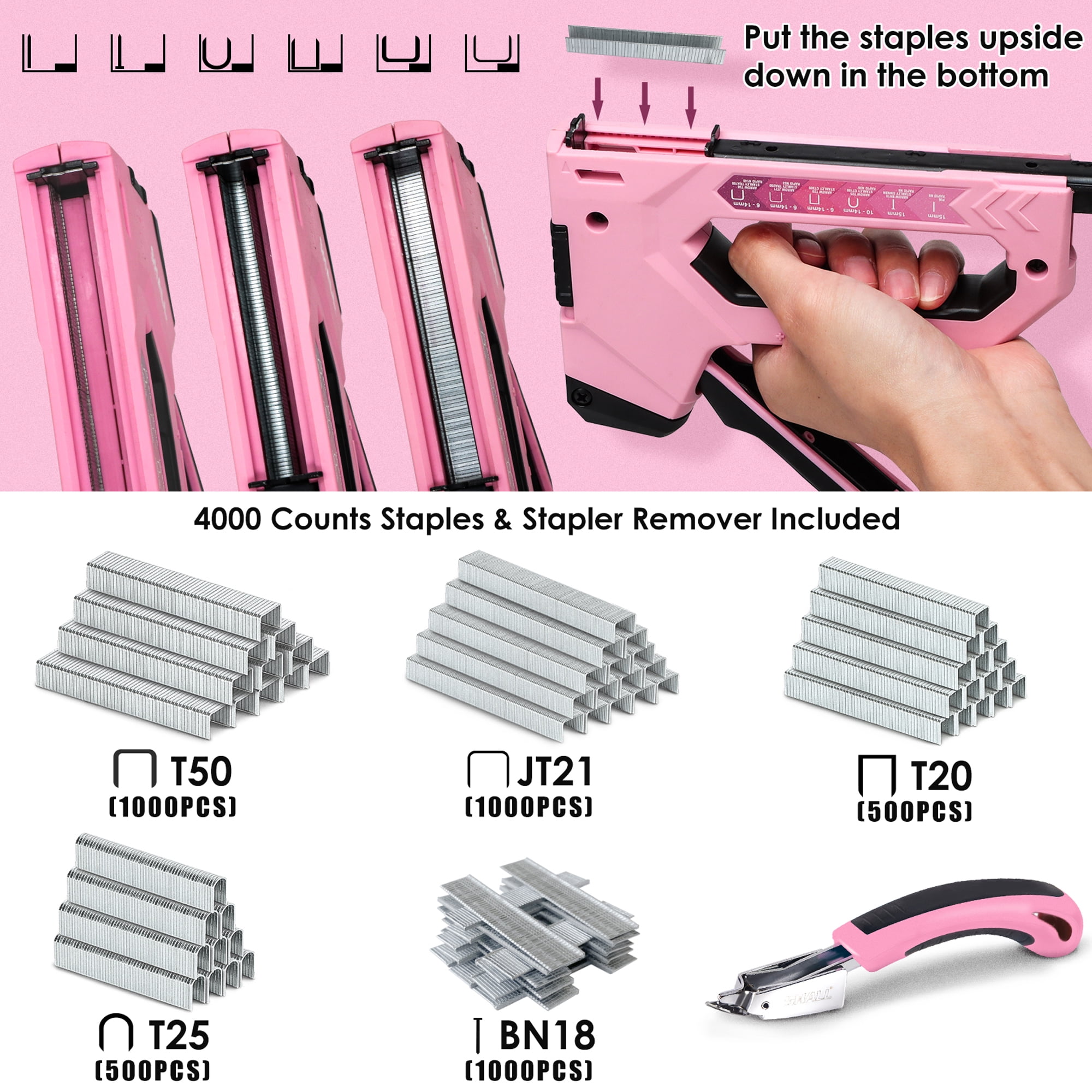 SHALL Pink Upholstery Stapler Nail Gun 6-in-1 Heavy Duty Staple Gun with  4000Pcs Staples for Wood Crafts Fabric Decoration DIY