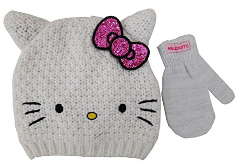 Hello Kitty by Sanrio White Knit Laplander Hat & Mittens Set Toddler Size 3 & Up 