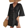 thumbnail image 2 of Warop Women's Summer Cover-up Dress, Sheer Deep V-Neck Long Sleeve Loose Fit Knit, Sun Protective for Beach and Vacation, 2 of 5