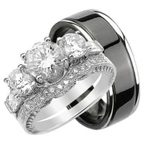 His and Hers 3 Piece Trio Sterling Silver Black Titanium Wedding Band Engagement Ring Set 8/11
