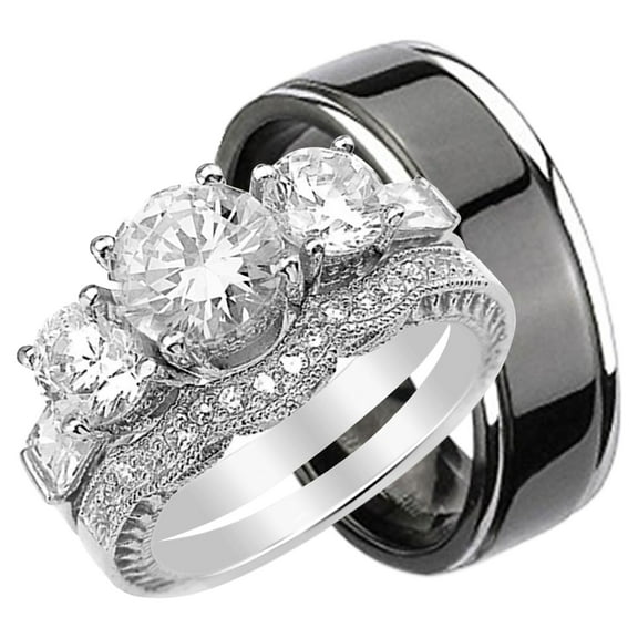 His and Hers 3 Piece Trio Sterling Silver Black Titanium Wedding Band Engagement Ring Set 8/11