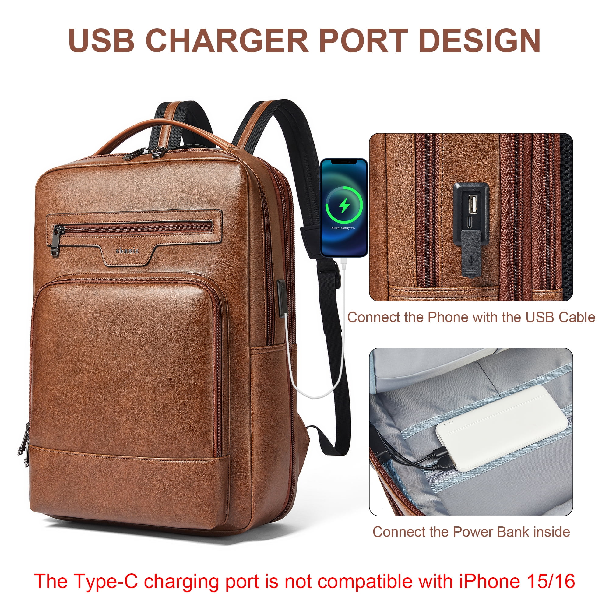 Shrrie Leather Laptop Backpack for Women and Men,28 L Travel Backpack Computer Bag Fits 16 inch Laptop,Expandable Casual Daypack with USB Charging Port for Work Business Weekender College