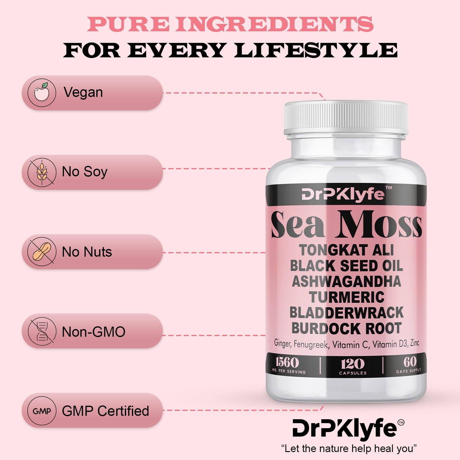 Sea Moss 3000mg Black Seed Oil 2000mg Ashwagandha 2000mg Ginger, Turmeric, Bladderwrack, Burdock Root & More - All in One Supplement 120 Vegan Capsules