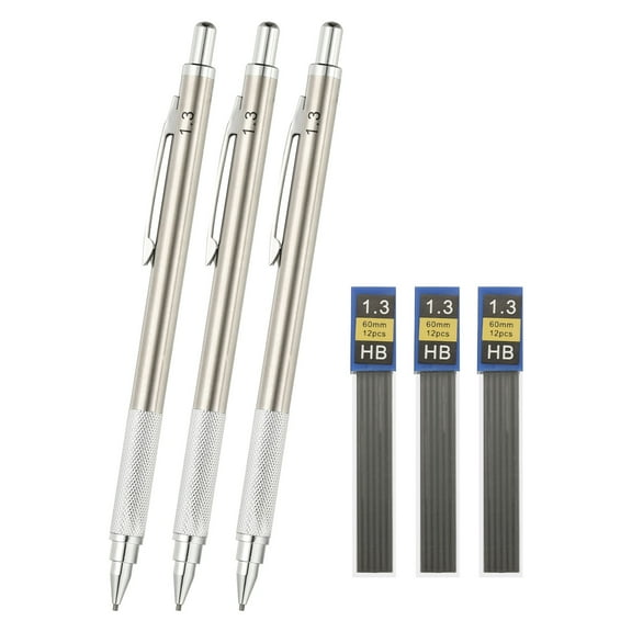 Uxcell 1.3 mm Mechanical Pencil Set with Refills, Metal Drafting Pencil Artist Holder for Drawing Writing Sketching Marking Art, Silver