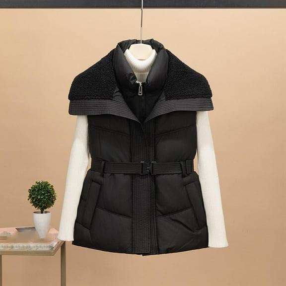 HongQid Women's Cropped Puffer Vest Stand Collar Sleeveless Padded Gilet Outerwear with Belted