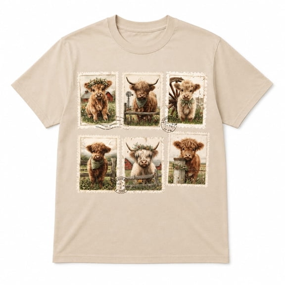 Highland Cow Vintage Stamp Graphic T-Shirt | Cute Calf Country Tee | Unisex Gift for Cow Lovers