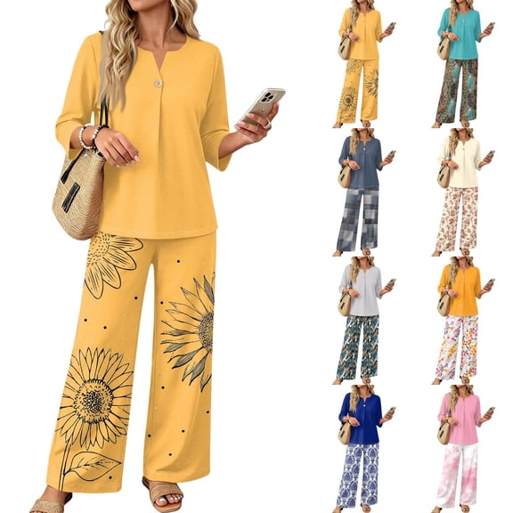 Vintage Sunflower Sketch Print Two Piece Set for Women, 3/4 Sleeve Button Down Top & Wide Leg Pants - Boho Casual Lounge Outfit with High Waist Trousers Beige L