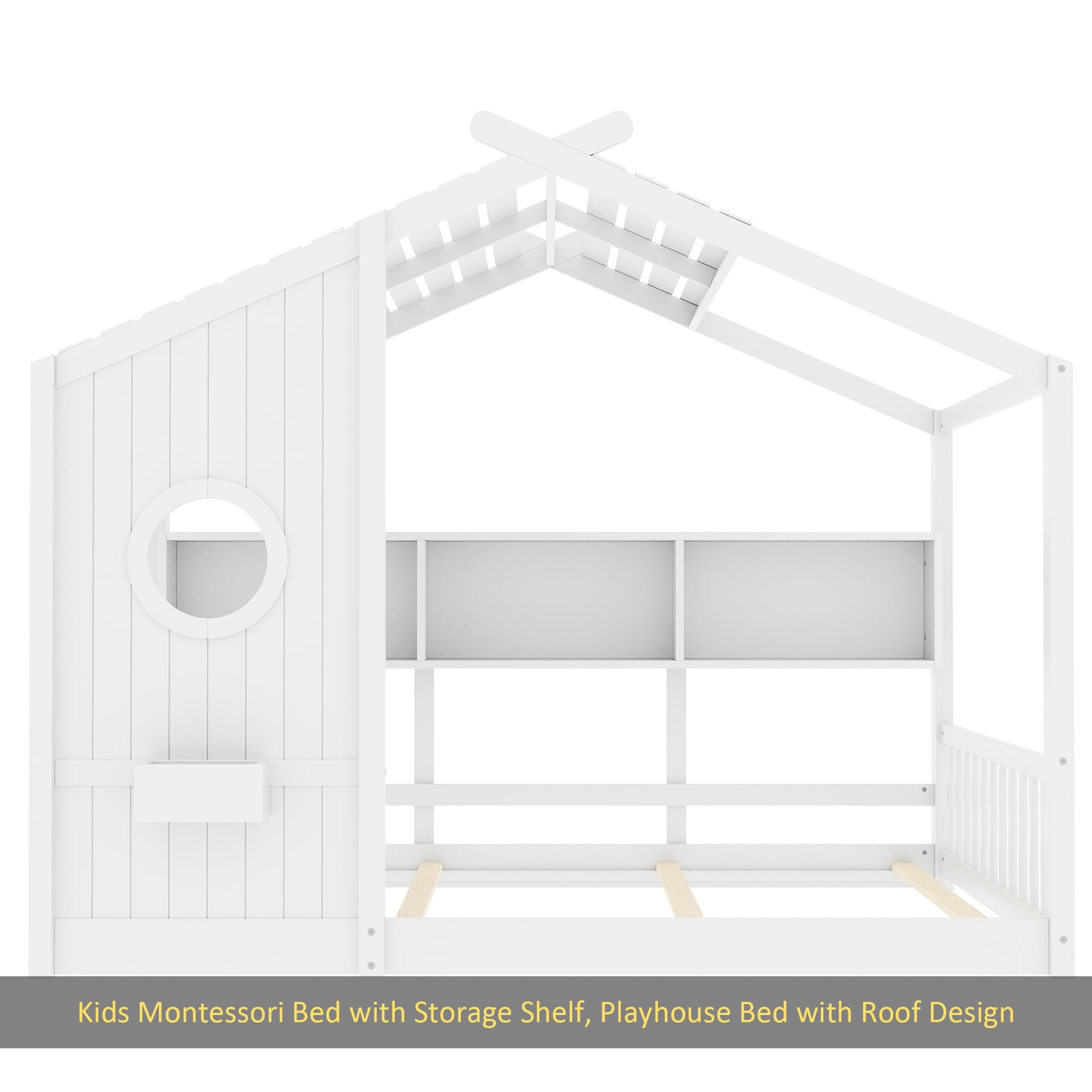 Full Size Floor House Bed for Toddler, Kids Montessori Bed with Storage Shelf, Playhouse Bed with Roof Design, White