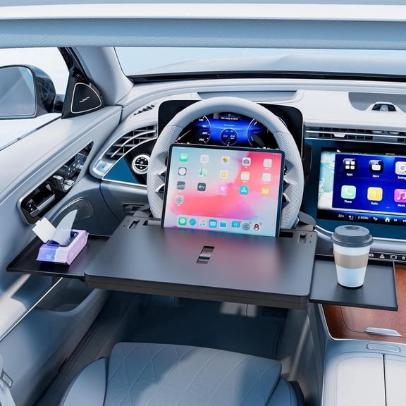 2-in-1 Extendable Steering Wheel Tray, Adjustable Car Desk with Secure Holder for Laptop & Food Eating Table, Fits Most Large SUVs, Trucks & Vans, Portable Non-Slip ​Desks for Travel, Work, Dining