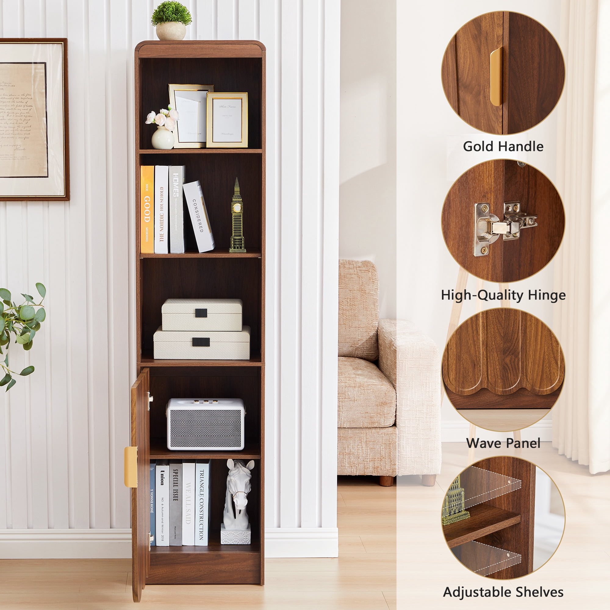 YOCWO 67" Tall Bathroom Storage Cabinet with Adjustable Shelves, 5 Tiers & 1 Door Bathroom Storage Tower with Wave Panel & Mental Handle, Freestanding Narrow Cabinet for Small Spaces, Walnut