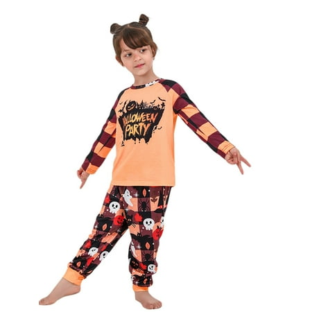 

Amuver Halloween Family Pajamas with Letter Plaid Cartoon Print Scary Atmosphere Holiday Clothing