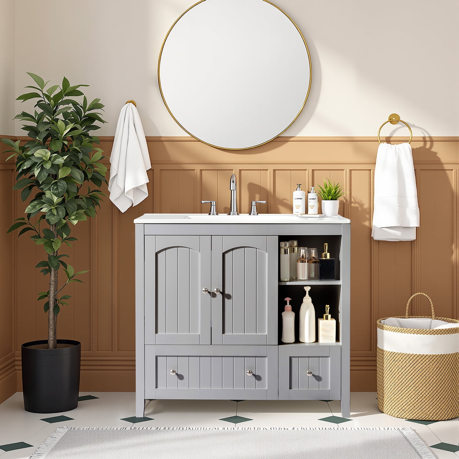 Grey MDF Lacquered Double Door & 2-Drawer Bathroom Vanity Cabinet with Decorative Molding - 91x46x82cm