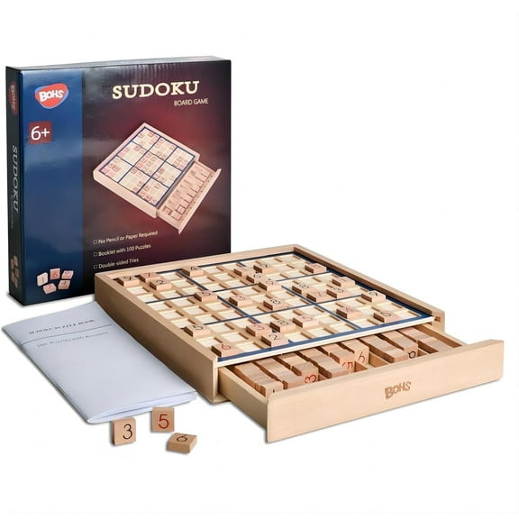 BOHS Wooden Sudoku Board Game with Drawer - with 100 Puzzles Sudoku Book for Adults - Brain Teaser Desktop Toys