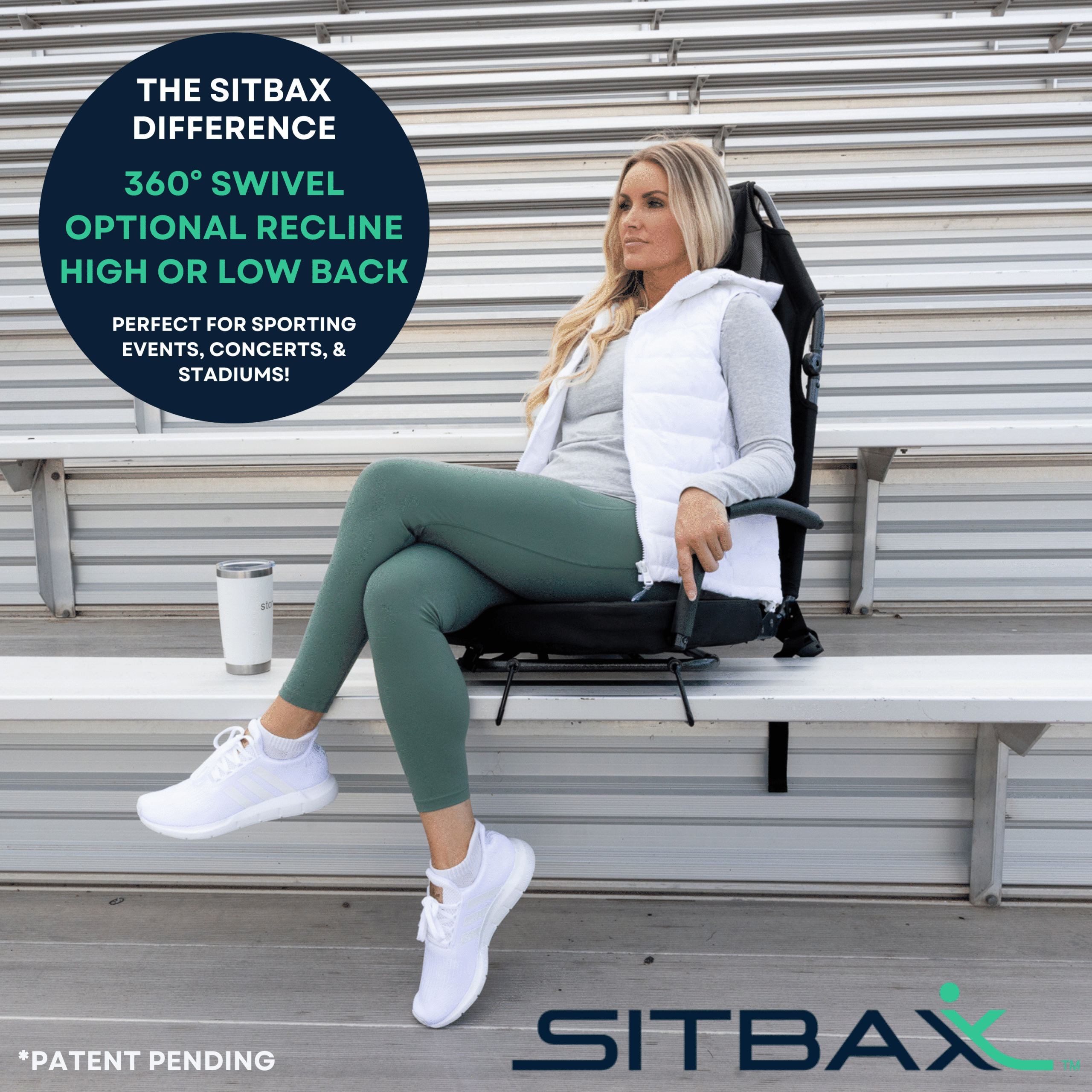 Padded Bleacher Seat-Reclining Stadium Chair with Back & Neck Support & Swivel- Patent Pending-Black