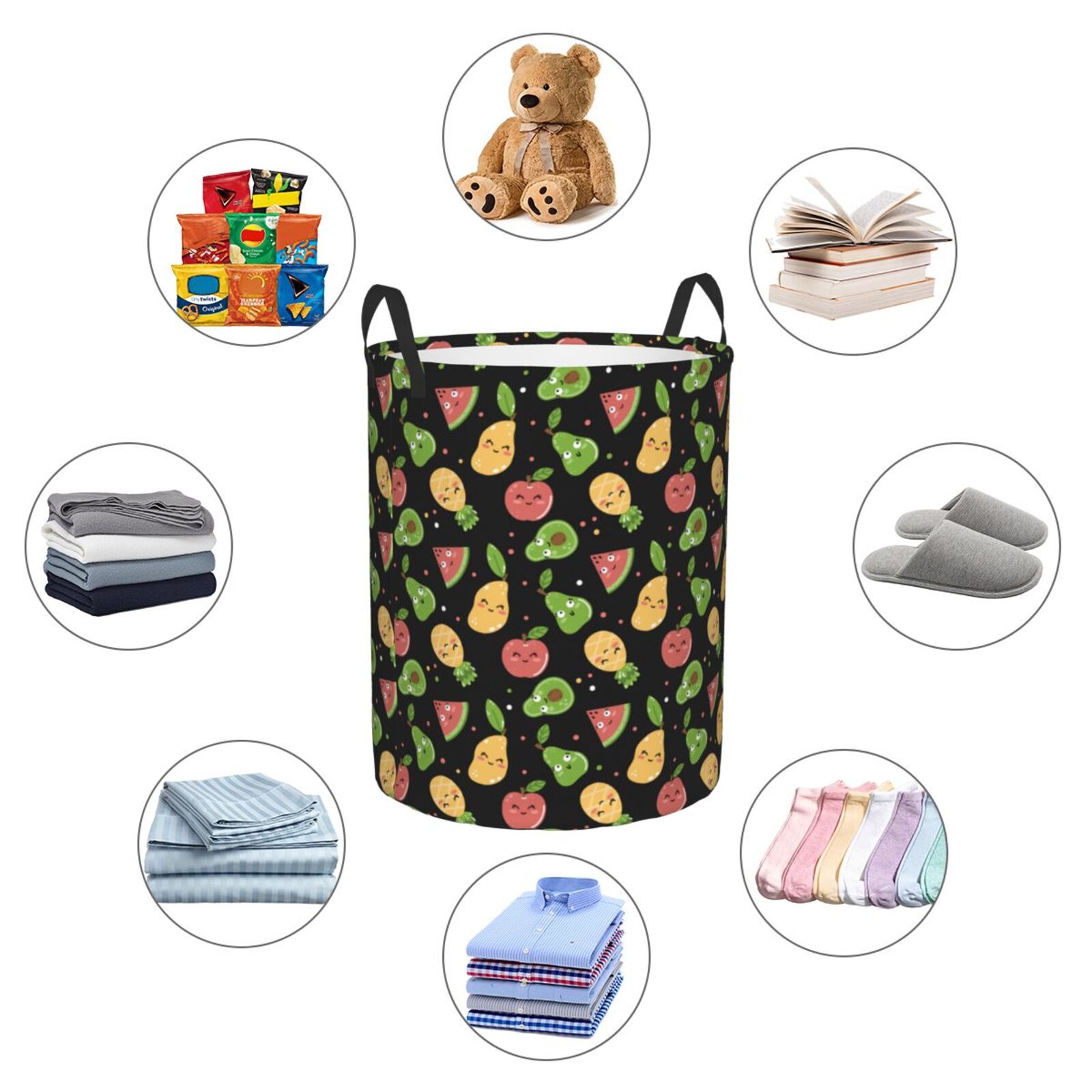 Large Laundry Basket with Handles - Cute Pear Mango Watermelon Pineapple Kids Baby Dirty Clothes Laundry Hamper for Bedroom Aesthetic