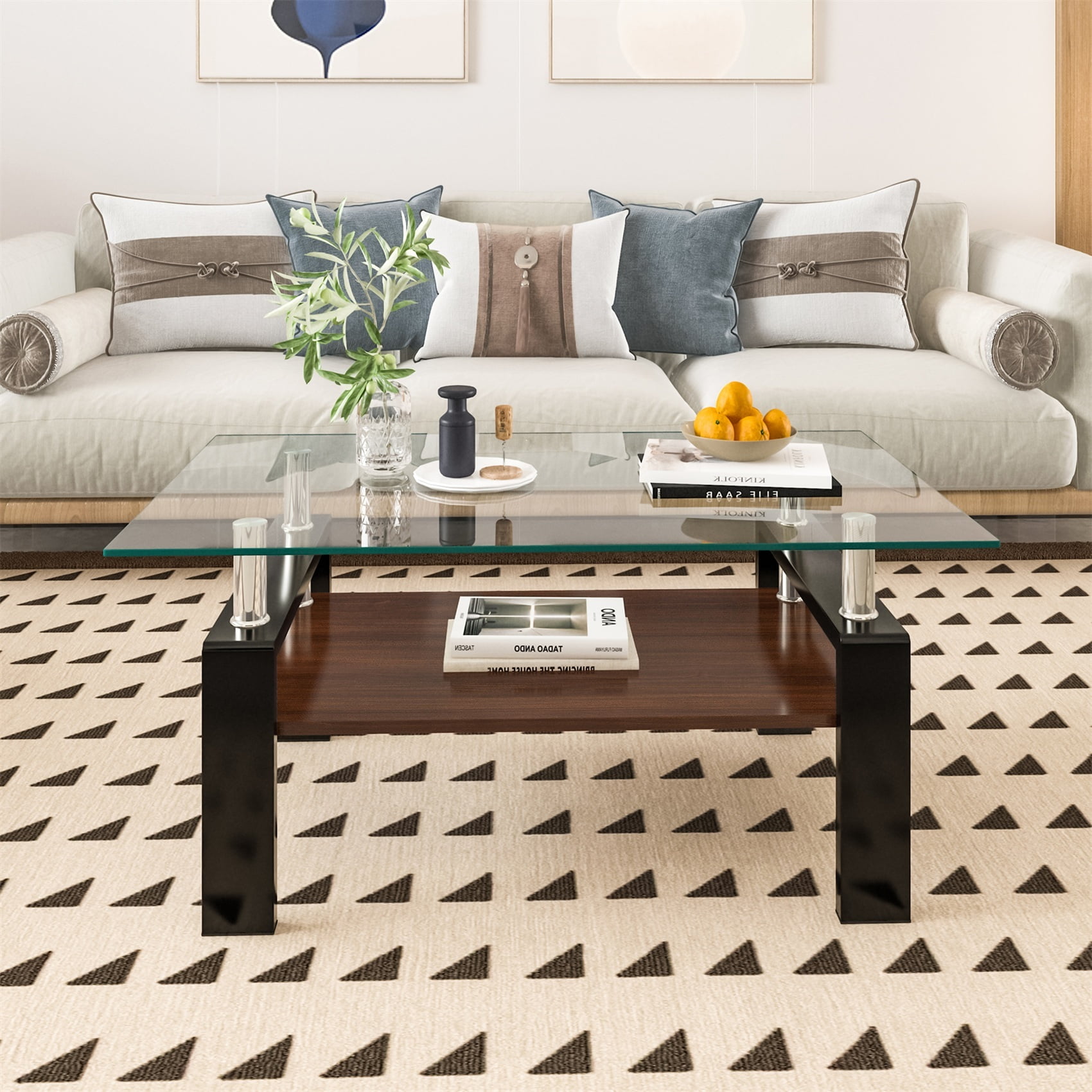 Alvantor Glass Coffee Table, 38.6" Modern Rectangle Tables with Clear Tempered Glass Top and MDF Layer for Living Room Brown