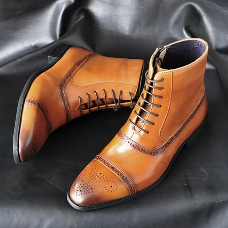 

NEGJ Mens Shoes Classic Business Leather Shoes Fashion Casual High Top Lace Up Side Zipper Leather Shoes