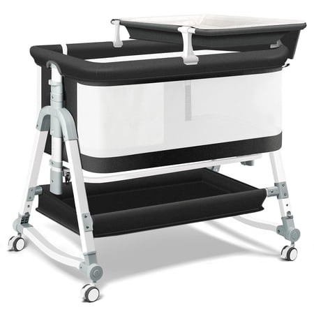 4 in 1 Baby Bedside Bassinet Sleeper 5 Height Adjustable Wheels Mattress & Storage Crib W/ Changing Station for Babies Newborn Black-Full Mesh