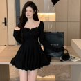 thumbnail image 1 of Vestido coreano corto de estilo francés, manga larga, cuello cuadrado descubierto, 1 of 4