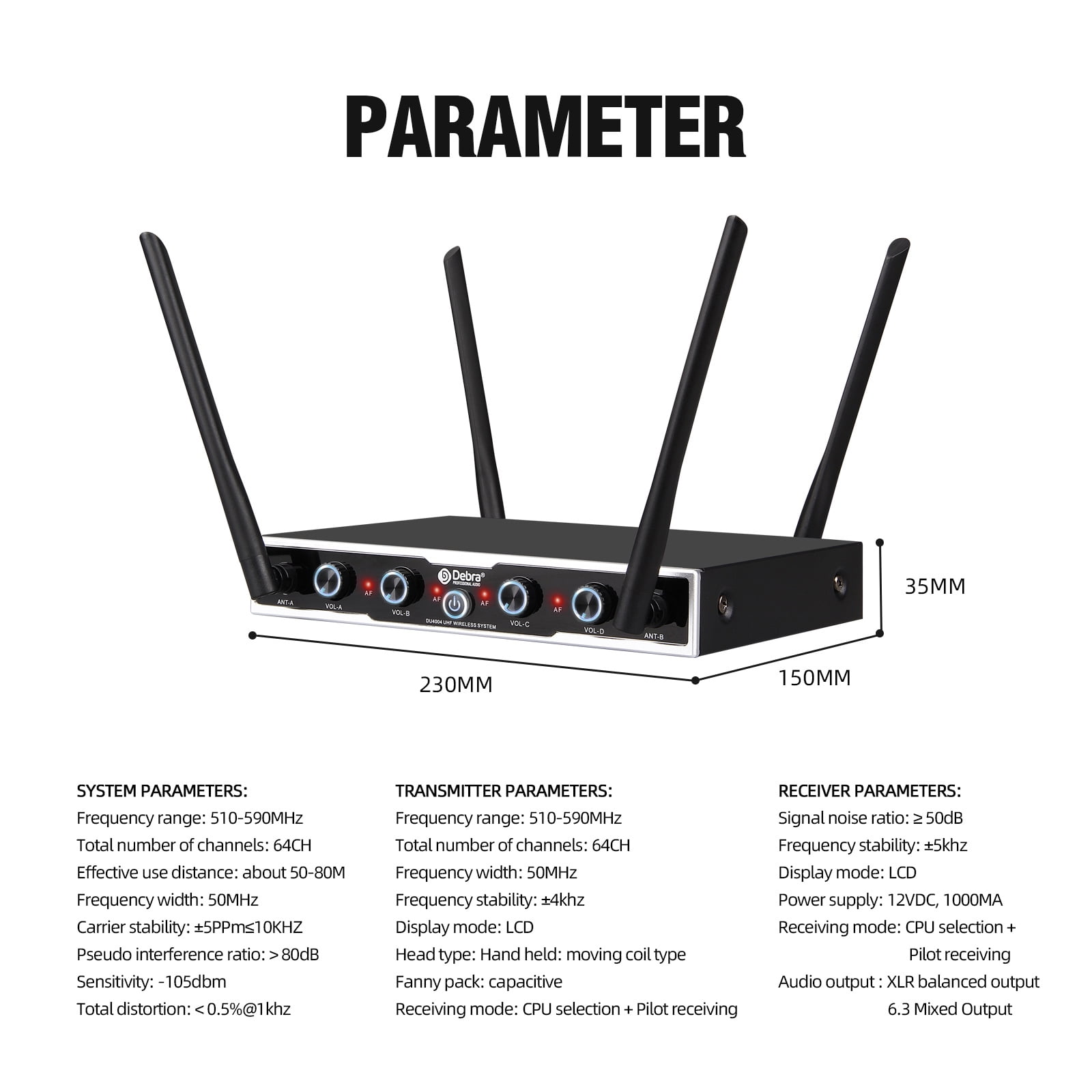 D Debra Wireless Microphone System Audio Pro DU4004 UHF 4 * 16 Adjustable Channel Wireless Cordless Handheld Dynamic Mics, Ideal for Meeting Church Speech Party (4 Handheld)