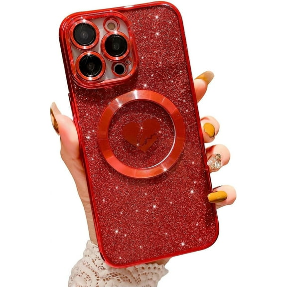 Compatible with iPhone 12 Pro Max 6.7 Inch Case with Magsafe, Plating Heart Glitter Magnetic Case for Women Girl TPU Camera Protection Back Cover for iPhone 12 Pro Max Red