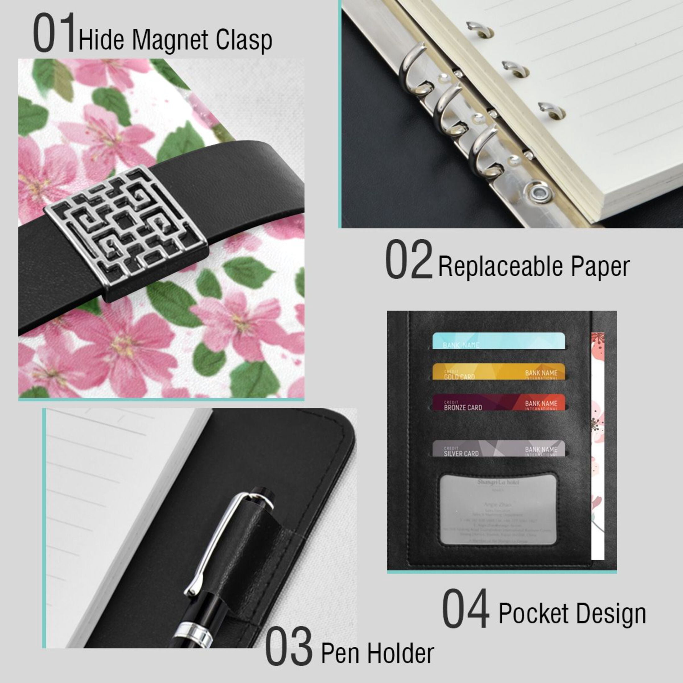Leather Planner Leather Notebook Notebook Journal Binder Design Pen Pocket Design Convenient for Storage Pink Cherry Blossom Pattern