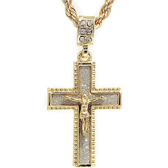 Hip Hop Bling Iced Gold Tone Crucifix Cluster Pendant with 24" Rope Chain #2042
