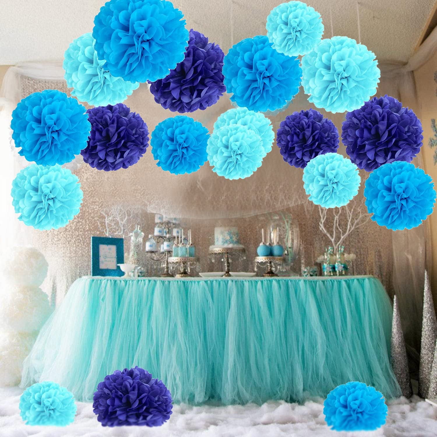 Ceiling Decoration Tulle Pom Pom Balls 10 Royal blue Set of 4