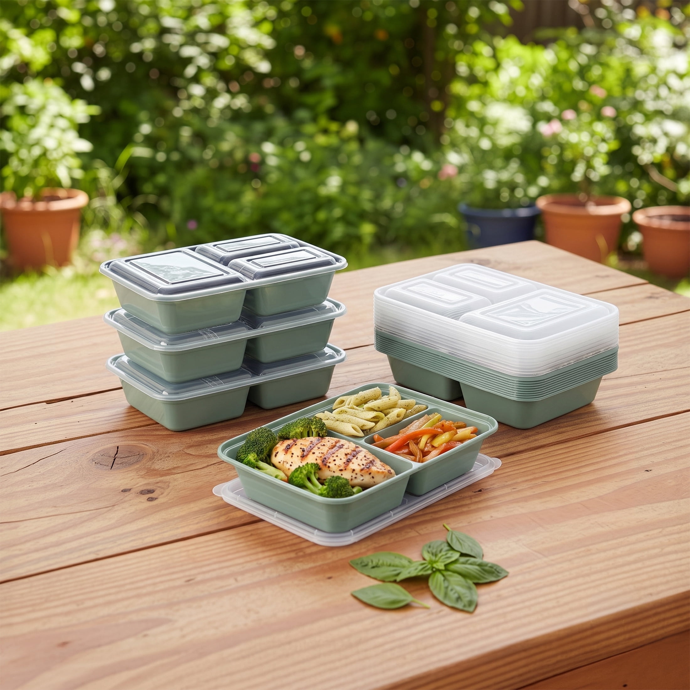 Mainstays 15-Pack 3-Compartment BPA-Free Meal Prep Food Storage Containers, Green Sage