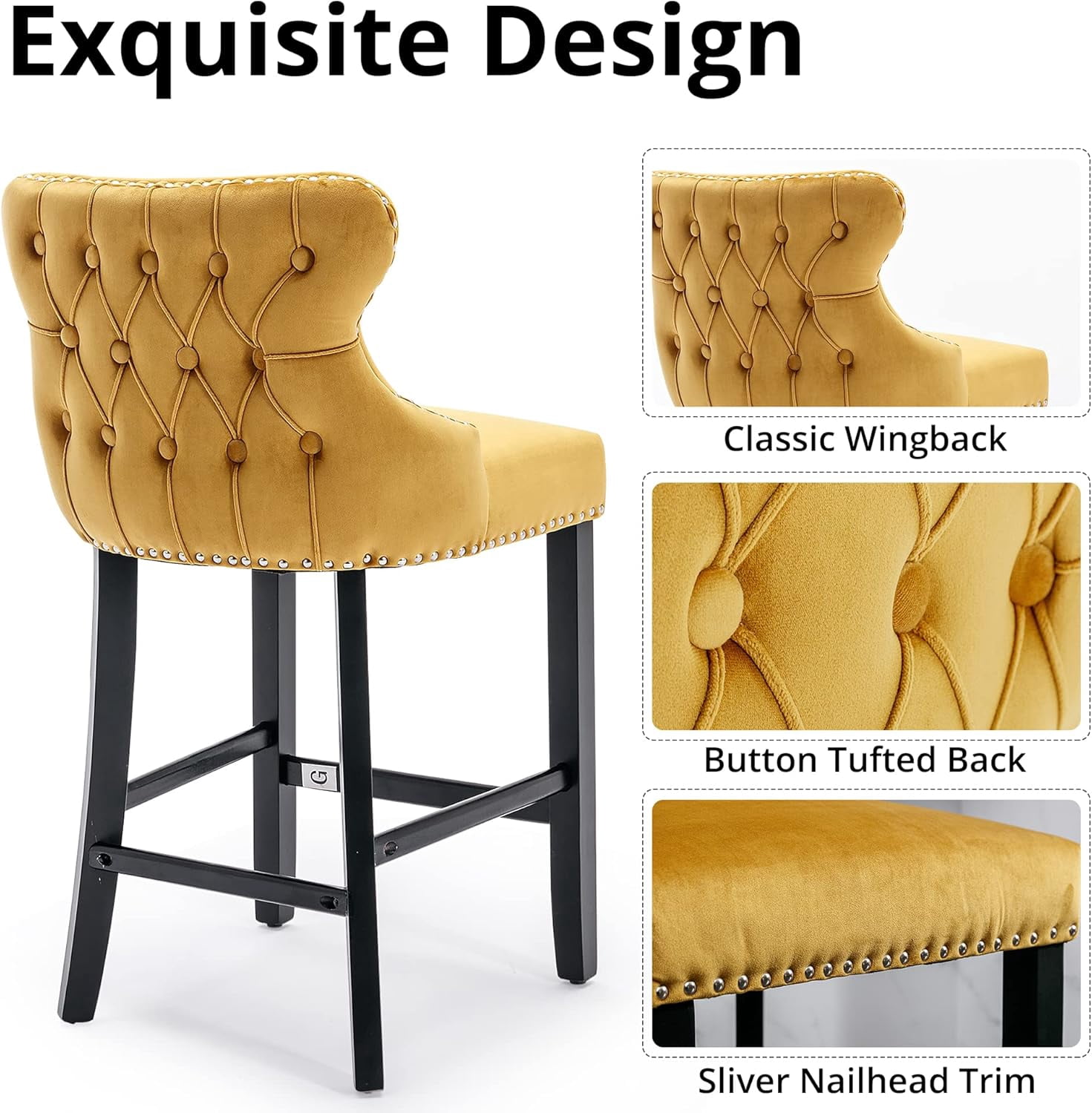 Velvet Wing-Back Bar Stools Set of 2, Button Tufted with Nailhead Trim & Solid Wood Legs, Counter Height Bar Chairs for Kitchen Island Dining Room Pub，Gold