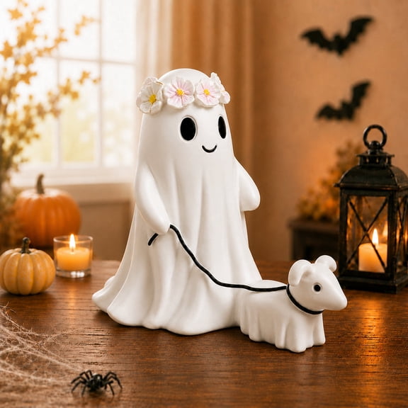 Vidonio Ghost Walking Dog Statue, 5.9 in Resin Halloween Figurine, Flower Crown White Tabletop Decor