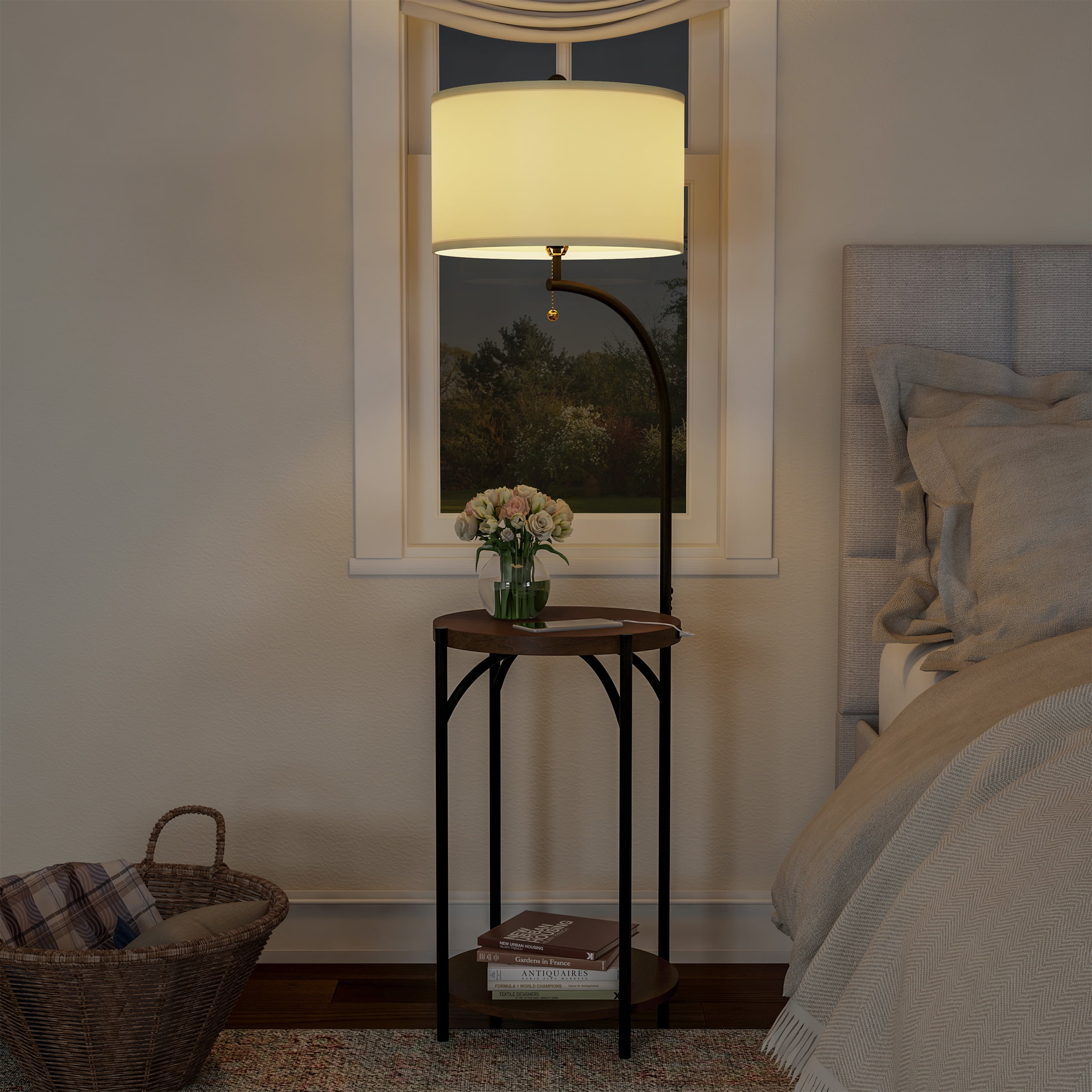 Lavish Home 58-inch Adjustable Floor Lamp with USB Charging Side Table, LED Bulb, and Shade