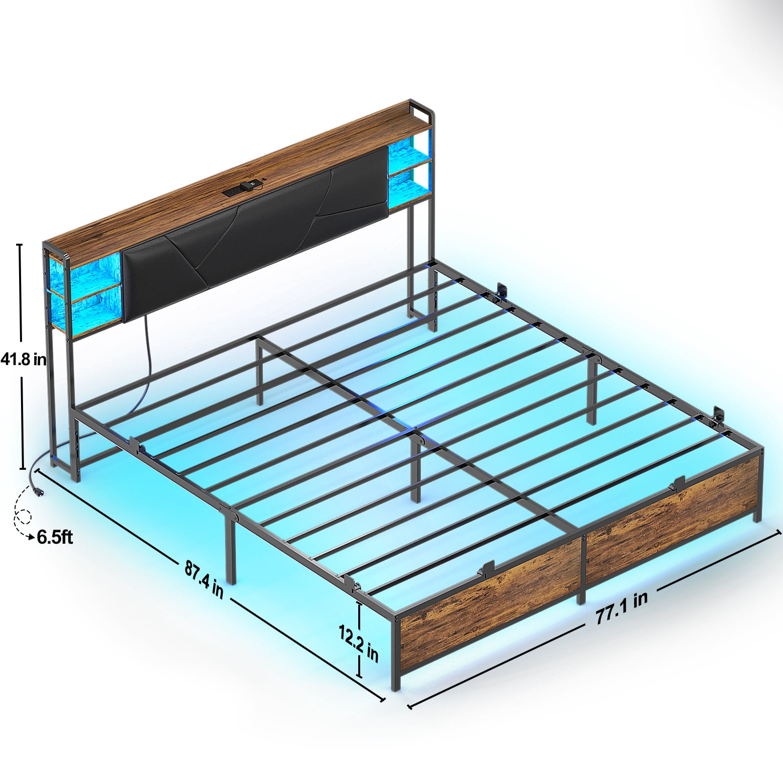 Homieasy King Size Bed Frame with USB Charging & RGB LED Lights, Upholstered Headboard, Metal Slats, No Box Spring, Easy Assembly,Rustic Brown