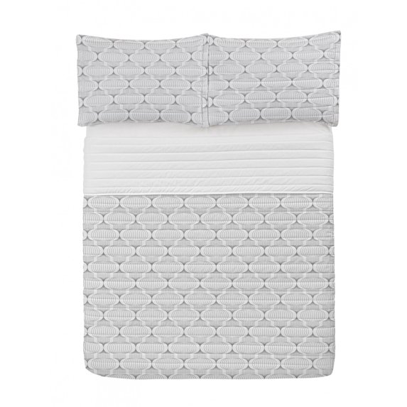 Geometric Microfiber Bedspread Set, Ethnic Inspired Shapes with Vertical Lines in Repeated Pattern, Soft Bedding Set with Pillow Shams & Comforter, 3 Sizes, Off White and Pale Taupe, by Ambesonne