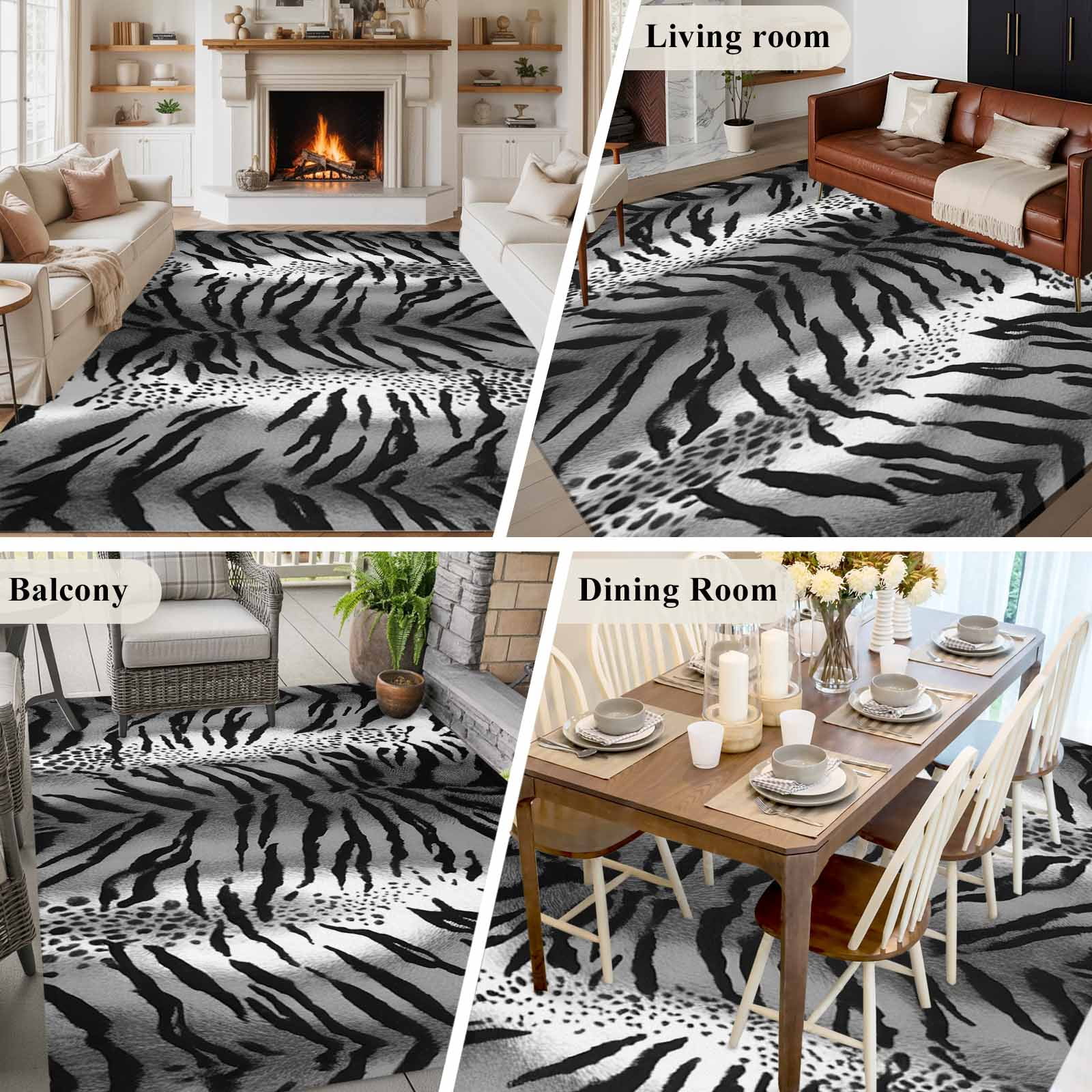 Leopard Stripes Area Rugs 8'x10', Washable Small Throw Rugs for Living Room Patio, Vintage Black White Animals Texture Indoor Outdoor Rug Non-Slip Low Pile Carpet Runner Reversible Floor Mats