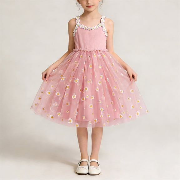 Cethrio Summer Dresses for Girl 2026, Vacation Sleeveless Spaghetti Strap Mesh Kids Slip Dresses Pink Size 6